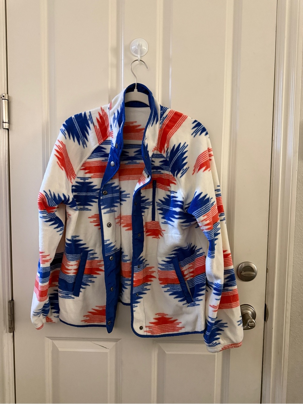 Women’s White Fleece Jacket with Blue & Red Aztec Print